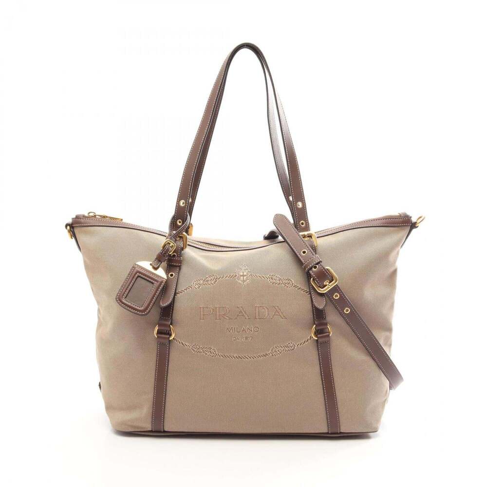 Prada logo jacquard 2-way tote bag/handbag, canvas and leather, women's, beig...